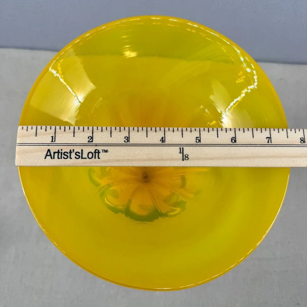 VTG 2001 Signed Richard Blenko Art Glass Trumpet Vase 8721L Yellow Cobalt 11.5